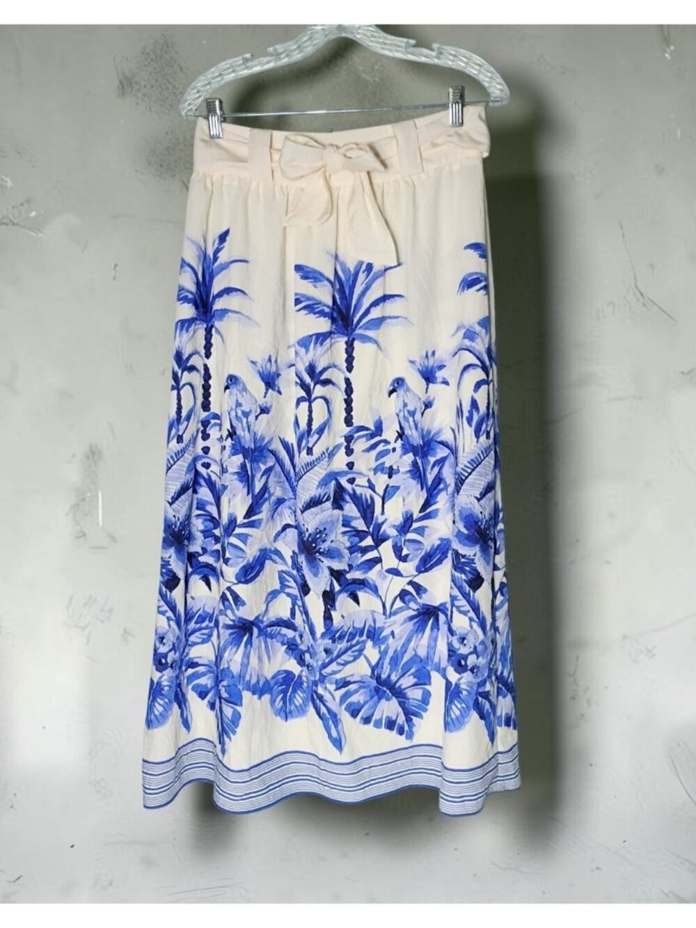 ZARA Tropical A-Line Midi Skirt S Blue White Bow Bird Resort Beach Summer Cruise